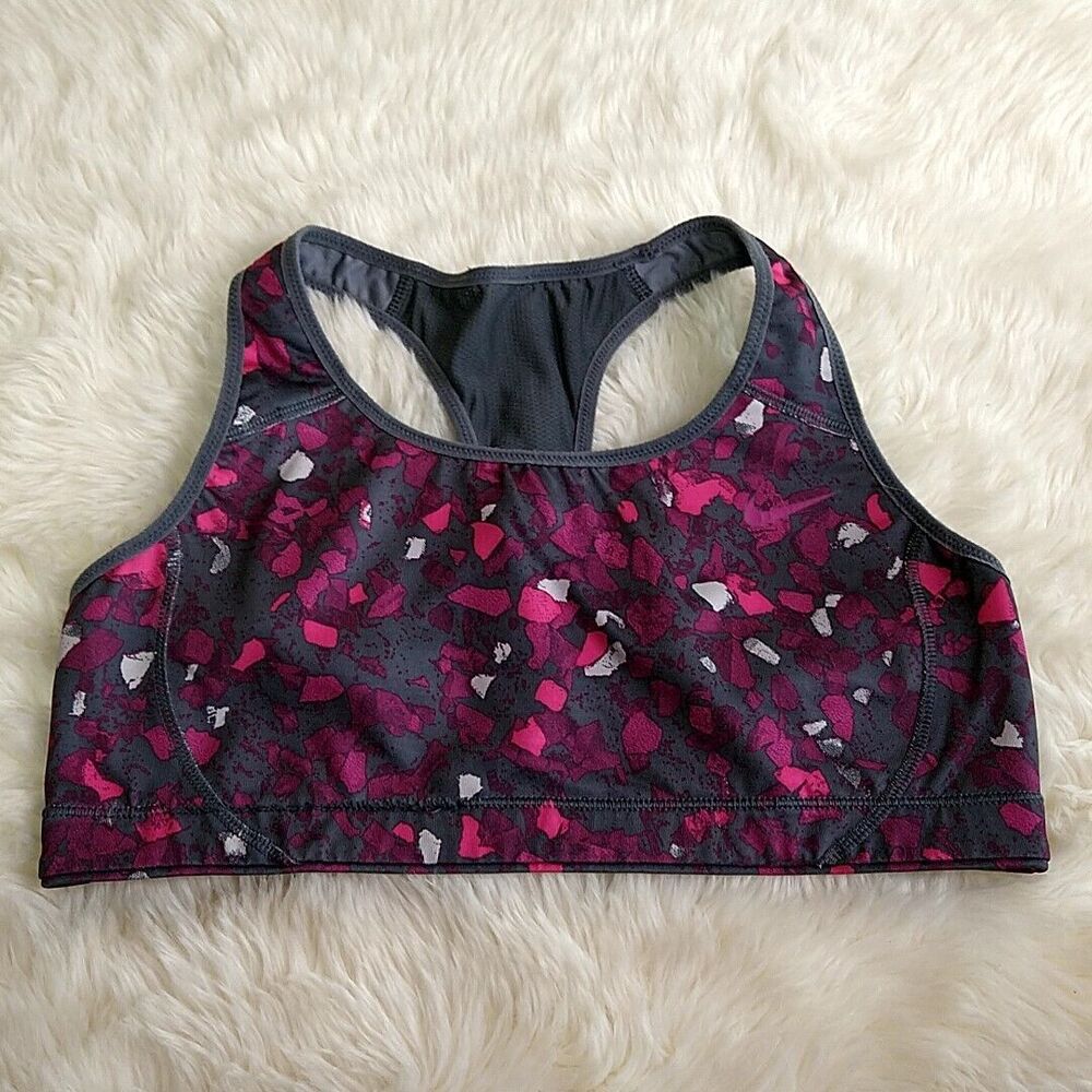💥5/$25 Nike Dri Fit Womens M Sports Bra Gray Pink Geometric Racerback Wireless